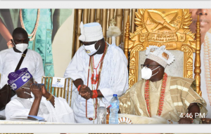 L-R: APC National Leader, Asiwaju Bola Tinubu; Ooni of Ife, Oba Adeyeye Ogunwusi and the New Oniru of Iruland, Oba Lawal, during his Coronation as the 15th Oniru of Iruland in Lagos