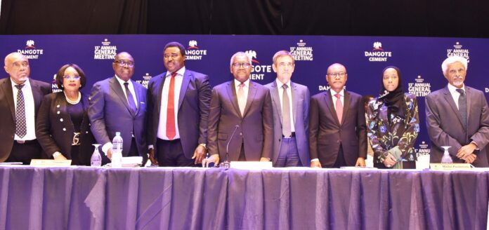 L-R: Independent Non-Executive Director, Dangote Cement Plc, Emmanuel Ikazoboh; Independent Non-Executive Director, Dangote Cement Plc, Dorothy Udeme Ufot, SAN; Independent Non-Executive Director, Dangote Cement Plc, Ernest Ebi; Deputy Company Secretary, Dangote Cement Plc, Edward Imoedemhe; Chairman, Dangote Cement Plc, Aliko Dangote; Group Managing Director/CEO, Dangote Cement Plc, Michel Puchercos; Non-Executive Director, Dangote Cement Plc, Olakunle Alake; Non-Executive Director, Dangote Cement Plc, Halima Aliko-Dangote; Deputy Group Managing Director, Dangote Cement Plc, Philip Mathew, at the 13th Annual General Meeting of Dangote Cement Plc, held in Lagos on 14th June, 2022